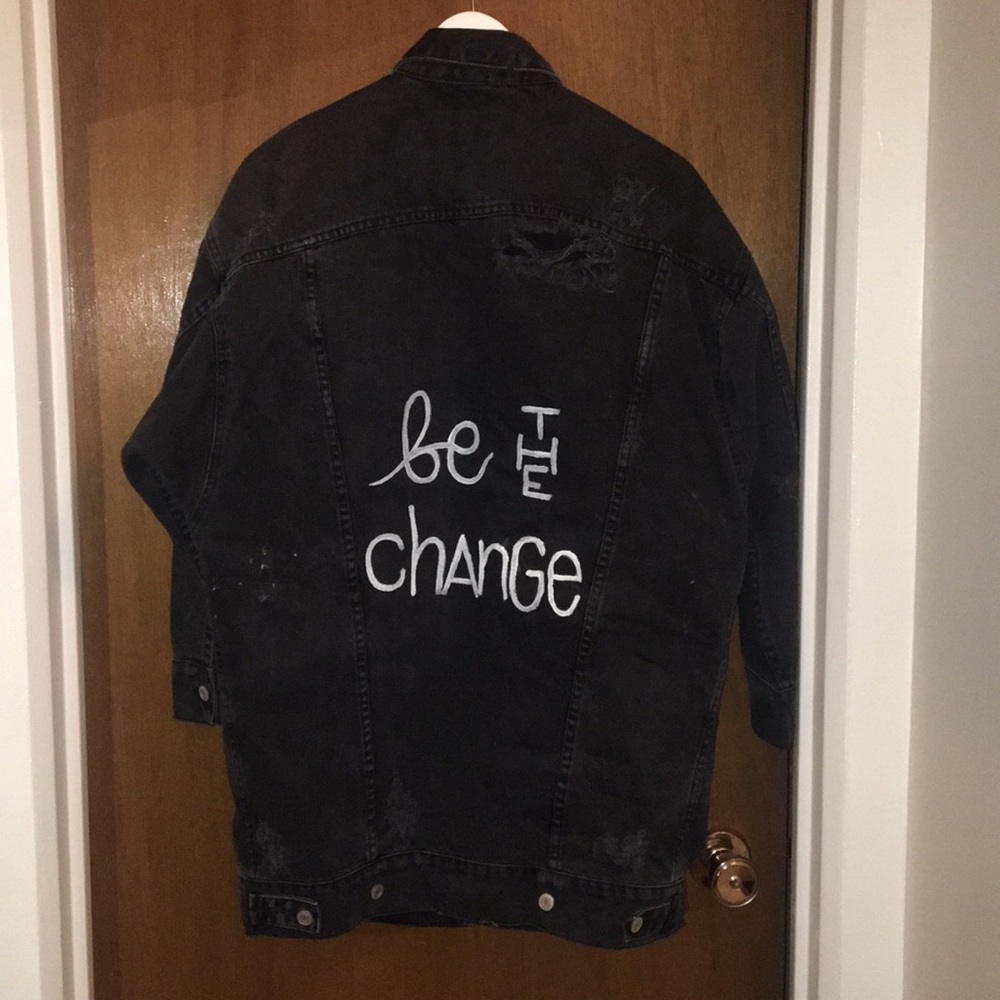 “Be the Change” Distressed Long Denim Jacket